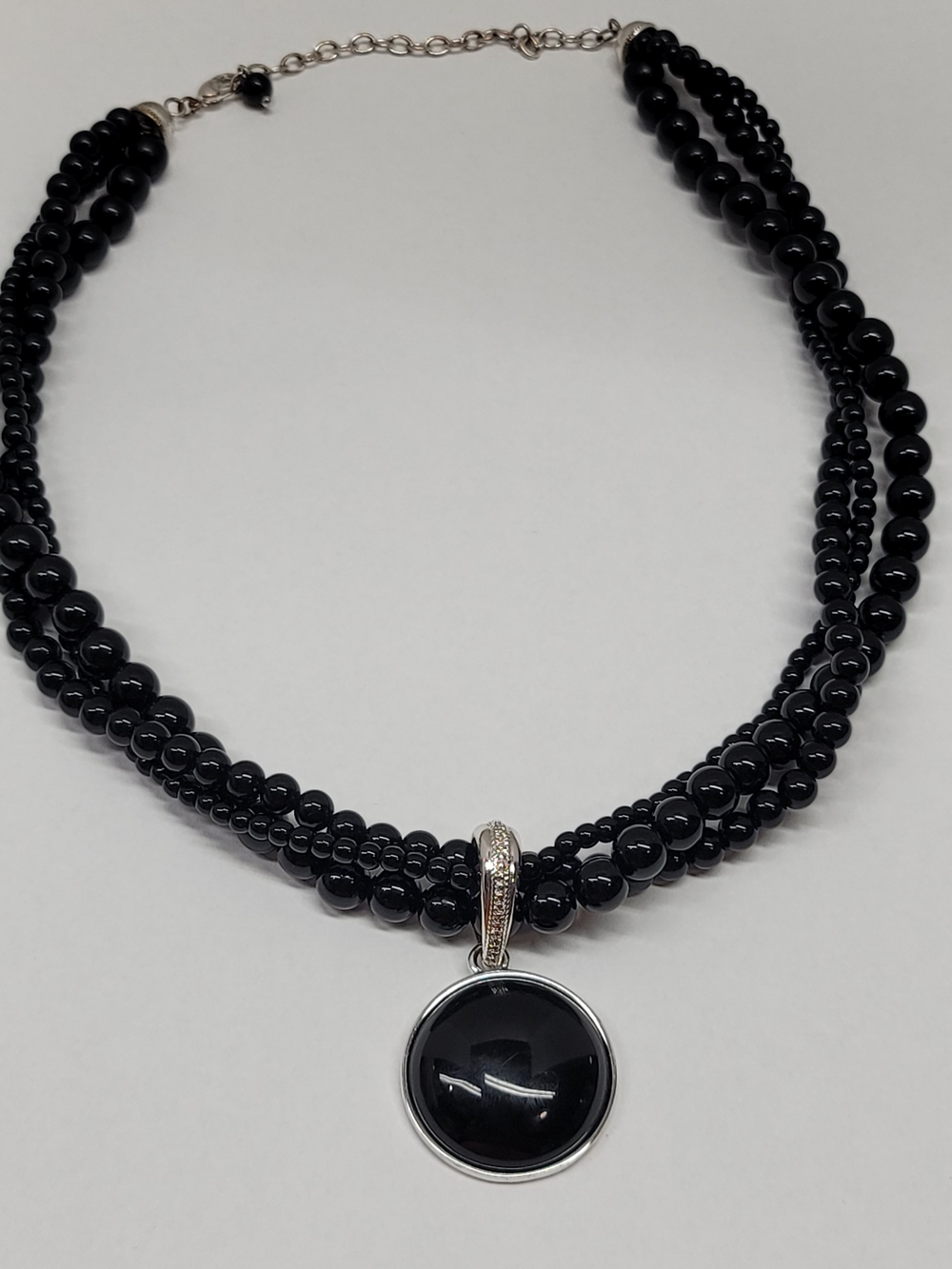 Black Beaded Multi-Strand Necklace with Black Pendant and Silver-Tone Accent